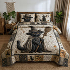 Witchy Black Cat quilted 3-piece bedding set on a made bed against a dark styled interior