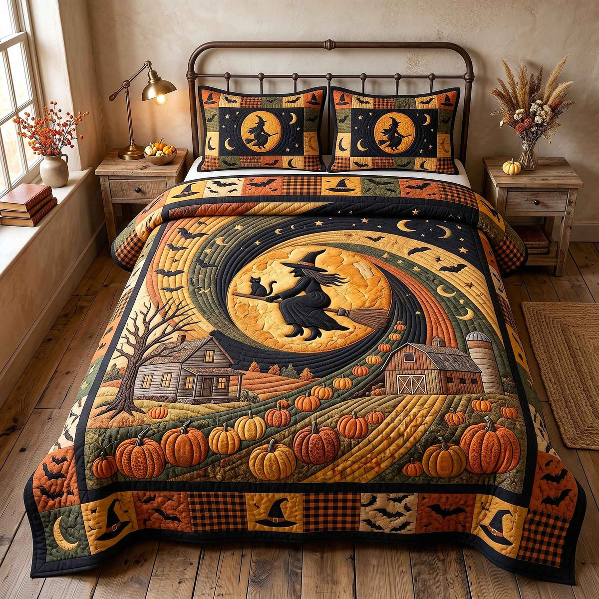 Witchy Homestead Cream quilted 3-piece bedding set on a made bed against a dark styled interior