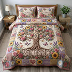 With God Tree Purple quilted 3-piece bedding set on a made bed in a softly lit bedroom