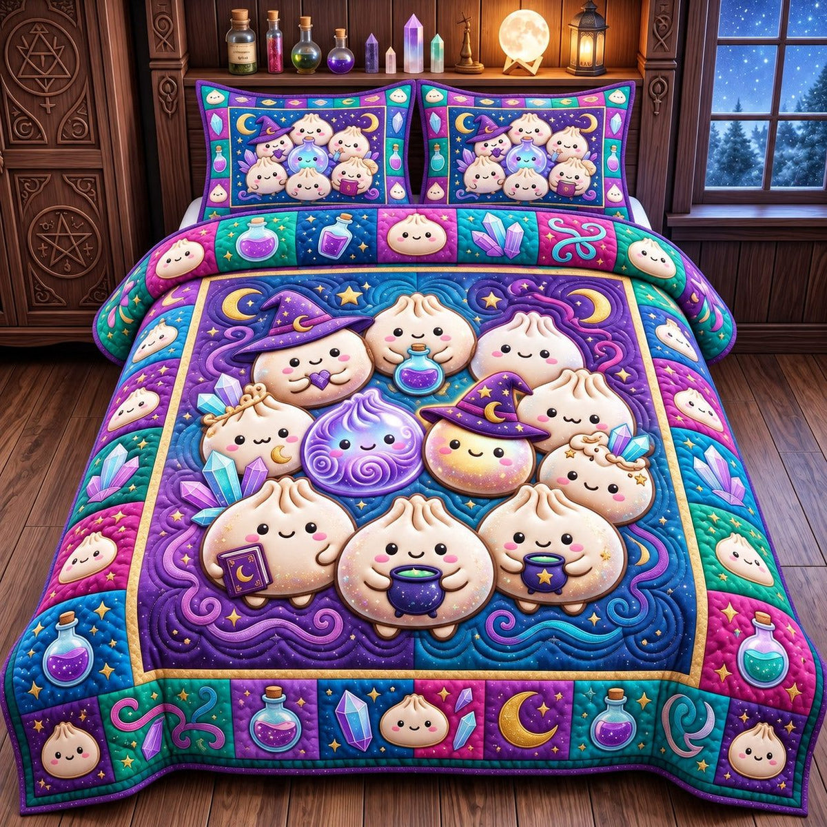 Wizard Potion Dumplings quilted 3-piece bedding set on a made bed against a dark styled interior