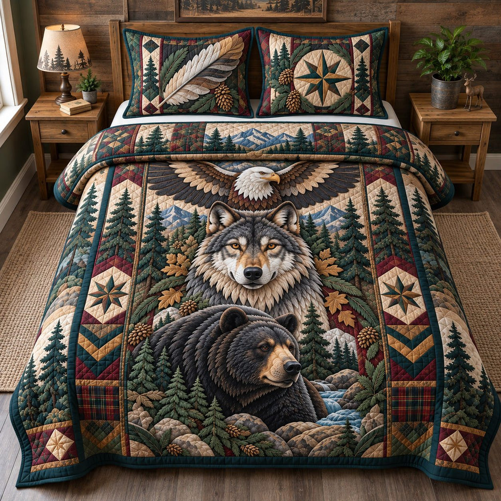 Wolf Bear And Eagle quilted 3-piece bedding set on a made bed in a warmly lit bedroom