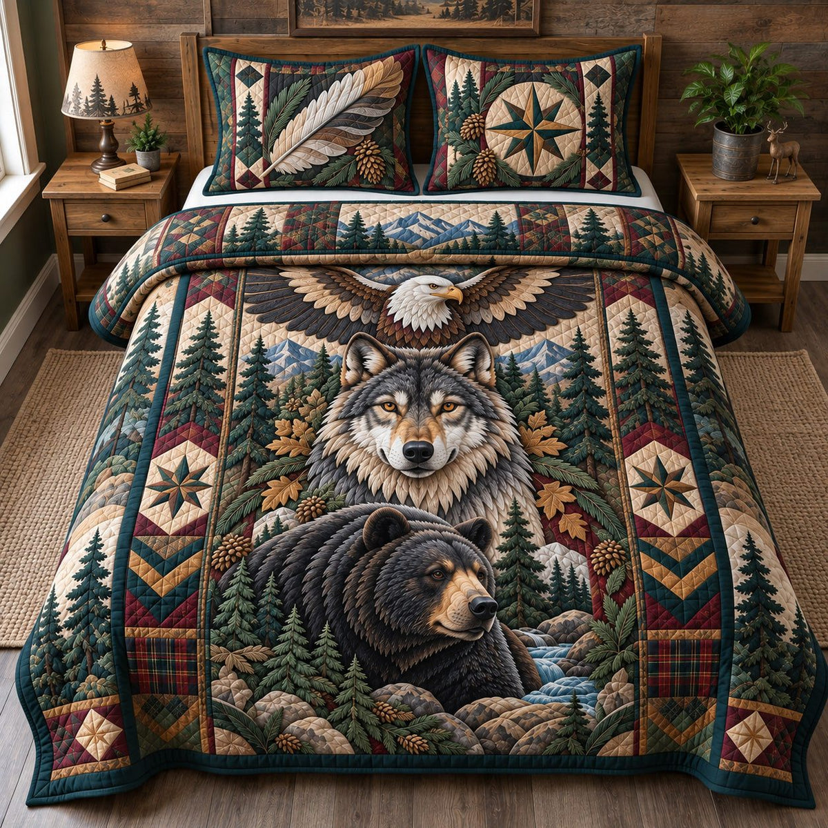 Wolf Bear And Eagle quilted 3-piece bedding set on a made bed in a warmly lit bedroom