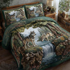 Wolf Couple quilted 3-piece bedding set on a made bed with two matching pillow shams
