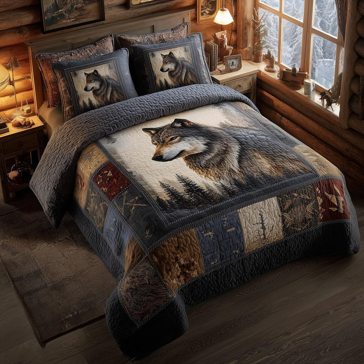 Wolf Cream quilted 3-piece bedding set on a made bed with two matching pillow shams