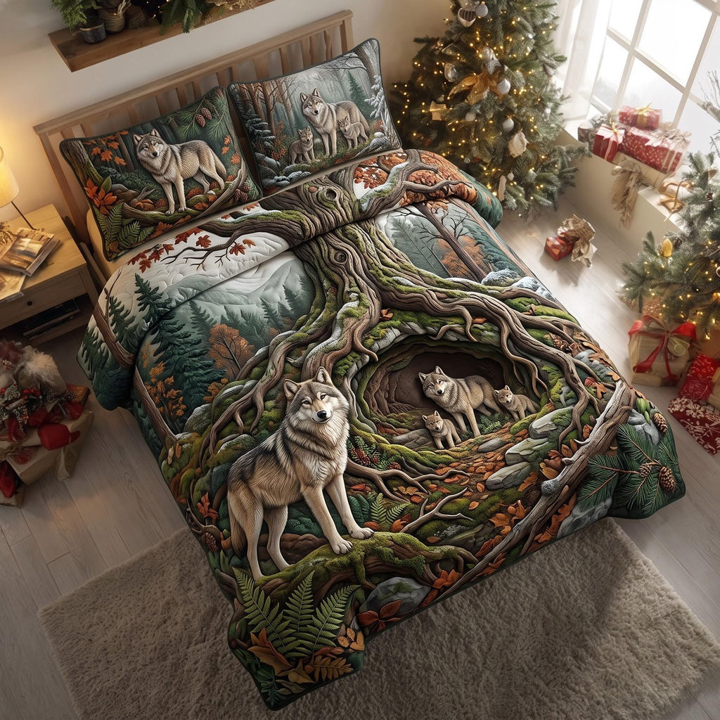 Wolf Forest quilted 3-piece bedding set on a made bed with two matching pillow shams