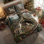 Wolf Forest quilted 3-piece bedding set on a made bed with two matching pillow shams