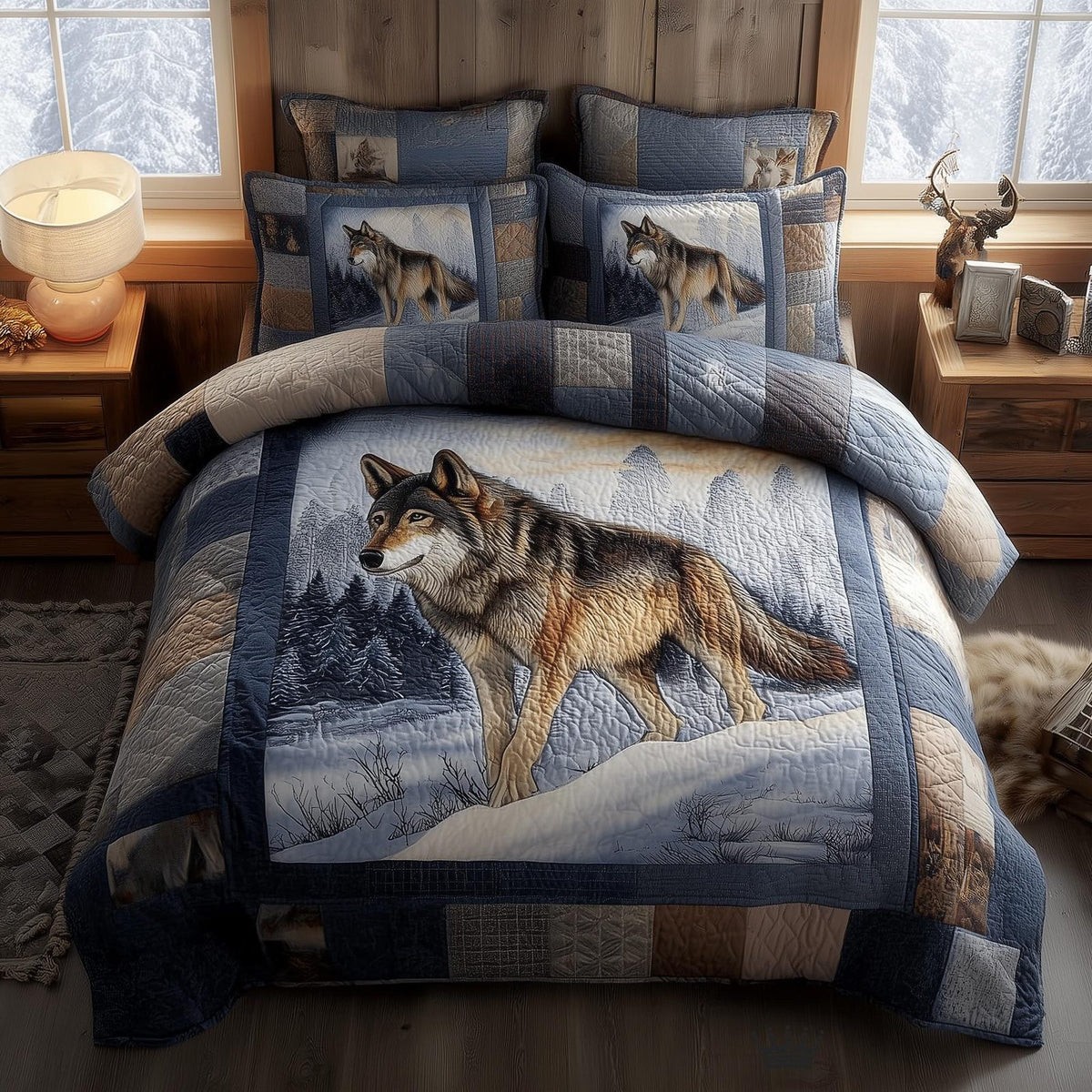 Wolf Frame quilted 3-piece bedding set on a made bed with two matching pillow shams
