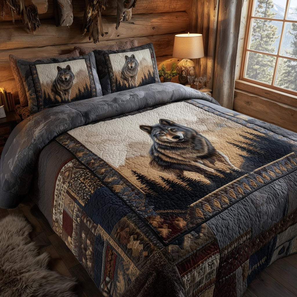 Wolf Grey quilted 3-piece bedding set on a made bed with two matching pillow shams