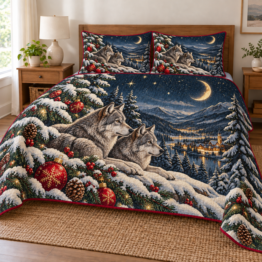 Wolf Lantern Valley printed Christmas quilt and two matching pillow shams; design mockup showing a flat printed depth effect.