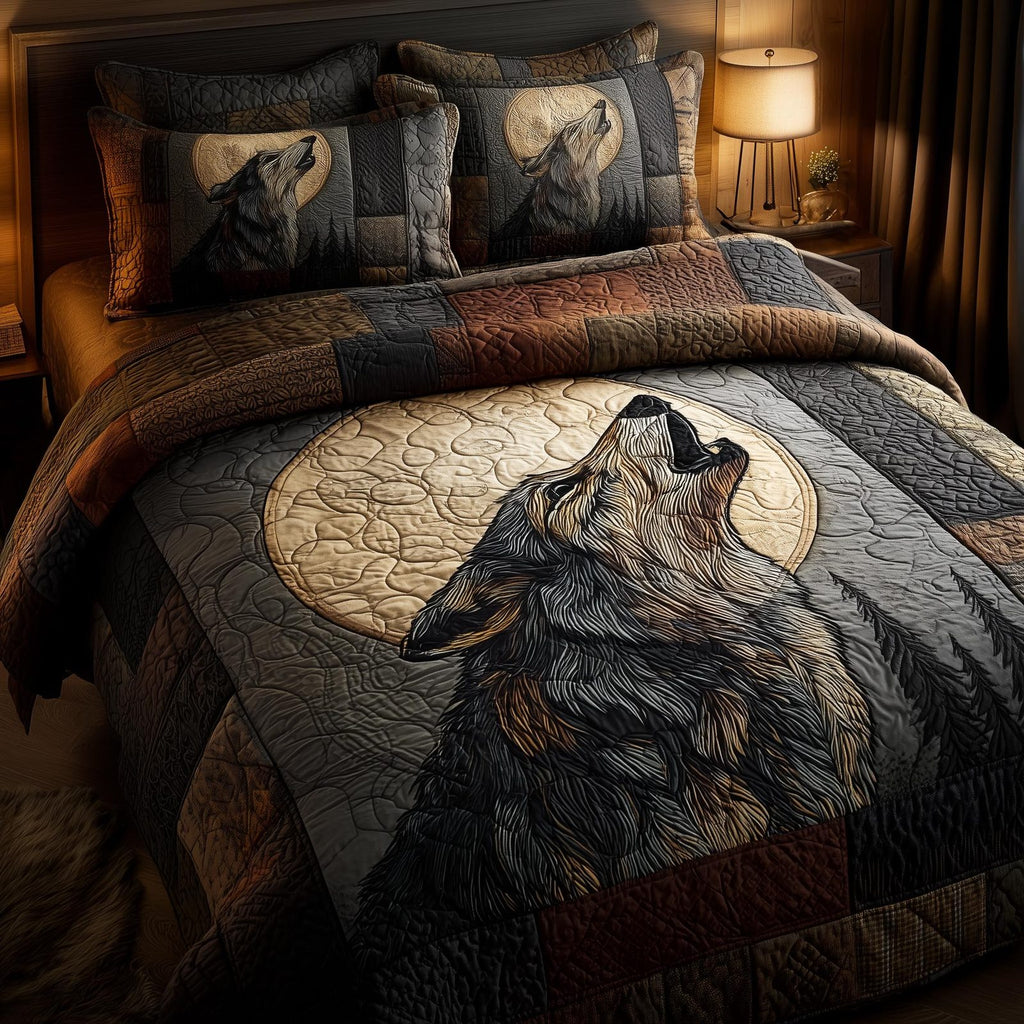 Wolf Moon quilted 3-piece bedding set on a made bed with two matching pillow shams