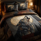 Wolf Moon quilted 3-piece bedding set on a made bed with two matching pillow shams