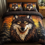 Wolf Of The Night Gold quilted 3-piece bedding set on a made bed with two matching pillow shams