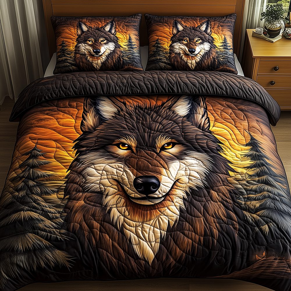 Wolf Of The Night Gold quilted 3-piece bedding set on a made bed with two matching pillow shams