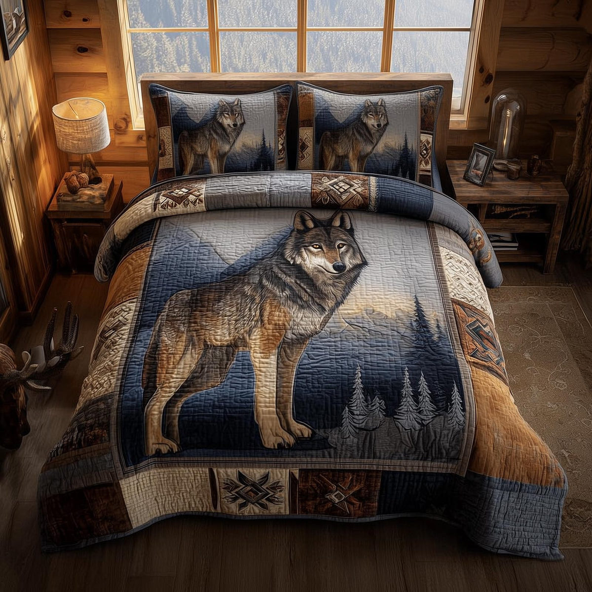 Wolf Pines quilted 3-piece bedding set on a made bed with two matching pillow shams