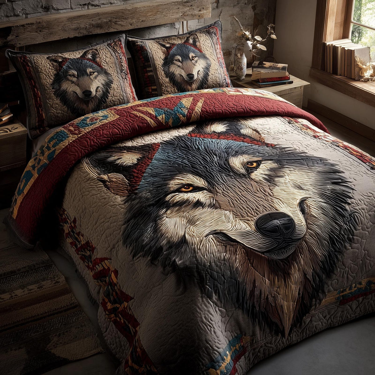 Wolf Red quilted 3-piece bedding set on a made bed with two matching pillow shams