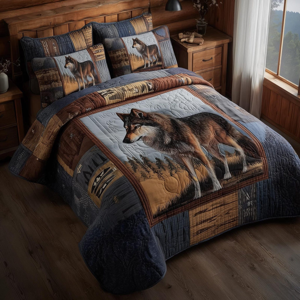 Wolf Squares quilted 3-piece bedding set on a made bed with two matching pillow shams