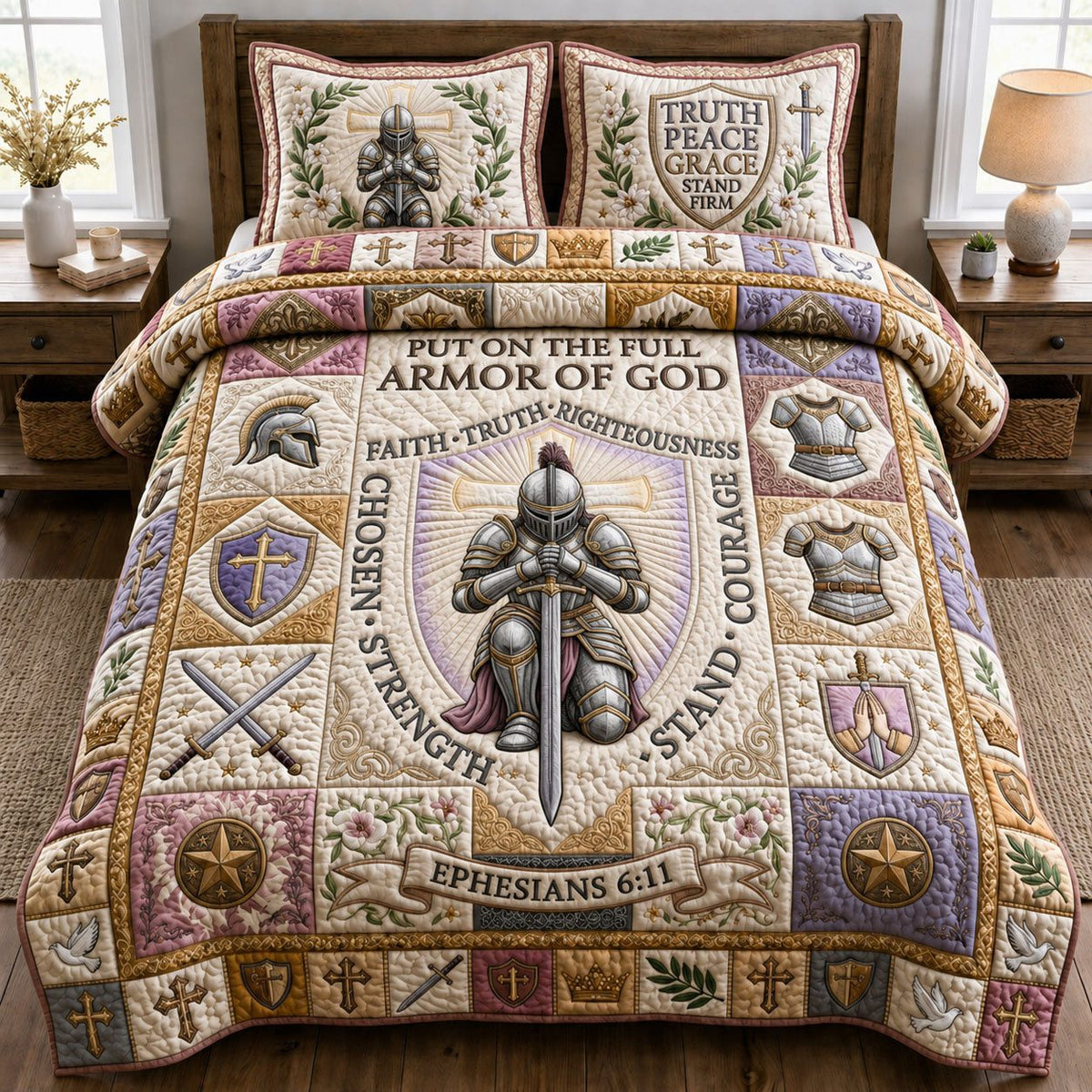 Woman Armor Of God Purple quilted 3-piece bedding set on a made bed in a softly lit bedroom