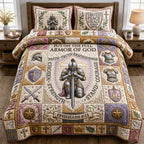 Woman Armor Of God Purple quilted 3-piece bedding set on a made bed in a softly lit bedroom