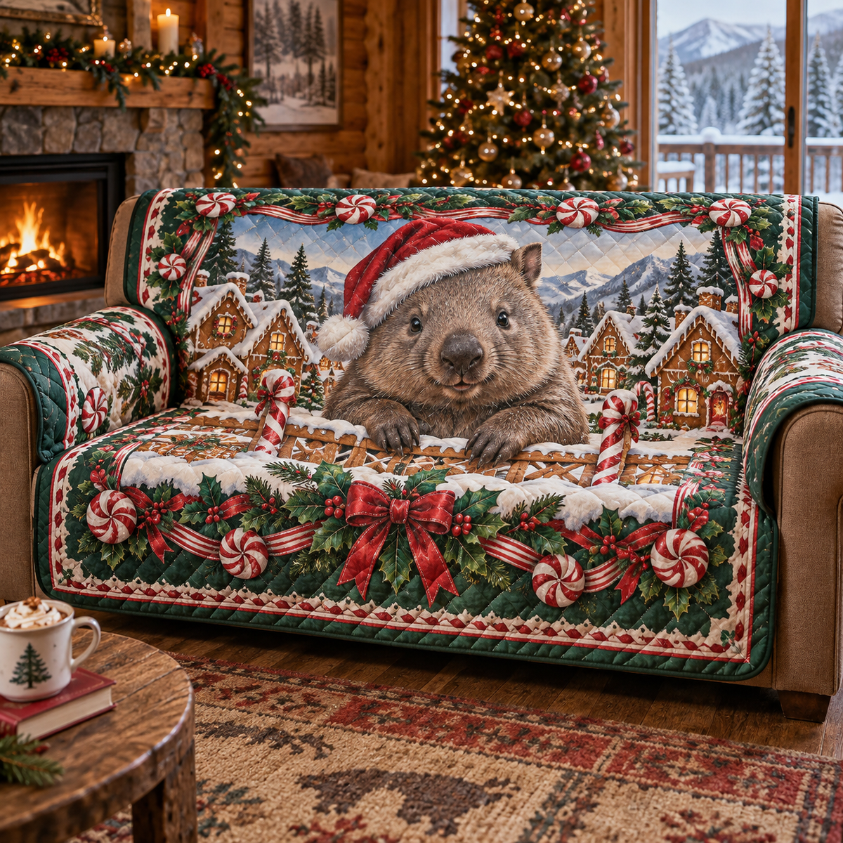 Wombat Christmas Quilted Sofa Cover — digital product visualization