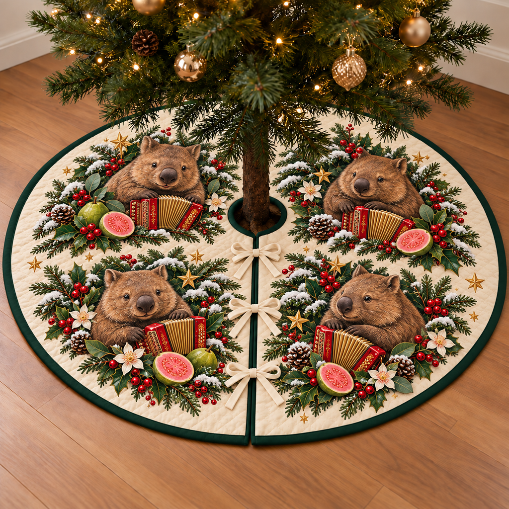 Wombat Guava Toy Accordion printed Christmas circular tree skirt; design mockup showing a flat printed depth effect.