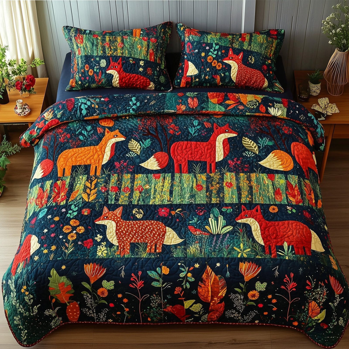 Wonder Woodland Deer Navy quilted 3-piece bedding set on a made bed in a warmly lit bedroom