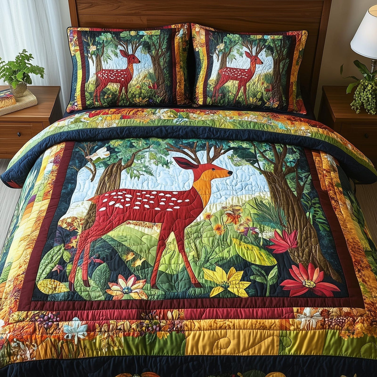 Wonder Woodland Fawn quilted 3-piece bedding set on a made bed with two matching pillow shams