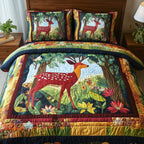 Wonder Woodland Fawn quilted 3-piece bedding set on a made bed with two matching pillow shams