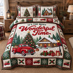 Wonderful Time Truck quilted 3-piece bedding set on a made bed with two matching pillow shams