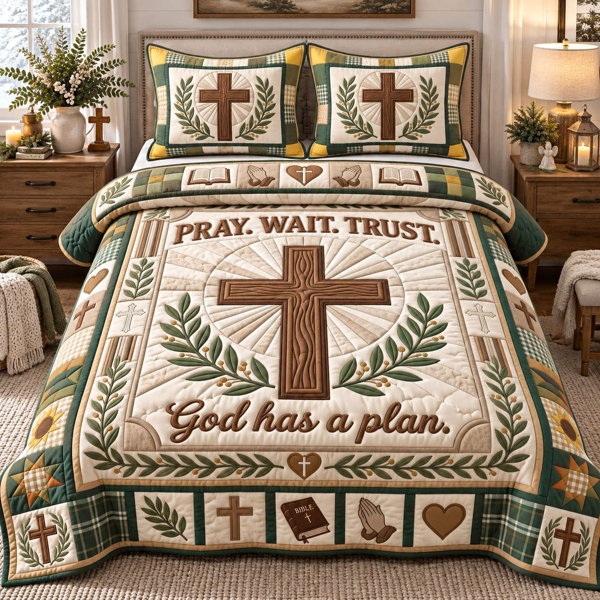 Wooden Cross Pray Wait Trust quilted 3-piece bedding set on a made bed in a softly lit bedroom