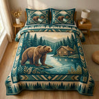 Woodland Bear Lake quilted 3-piece bedding set on a made bed with two matching pillow shams