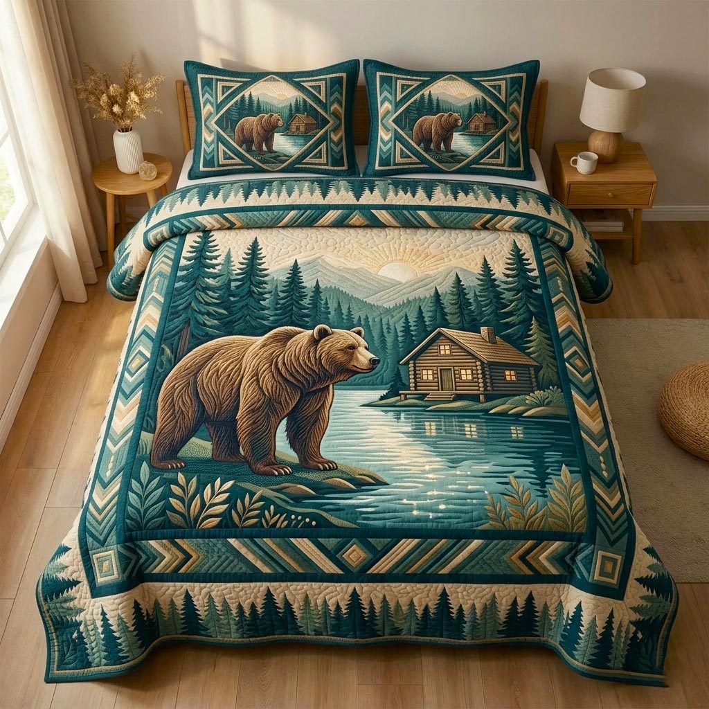 Woodland Bear Lake quilted 3-piece bedding set on a made bed with two matching pillow shams