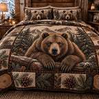 Woodland Bear Lodge quilted 3-piece bedding set on a made bed with two matching pillow shams