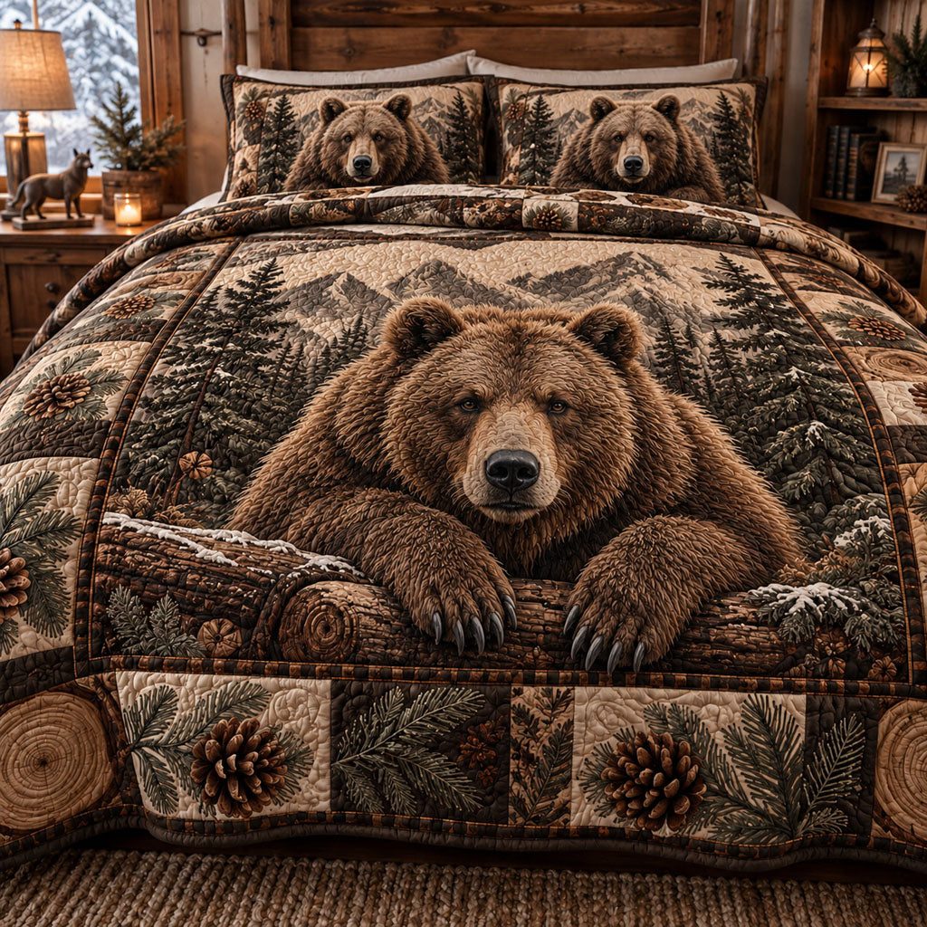 Woodland Bear Lodge quilted 3-piece bedding set on a made bed with two matching pillow shams