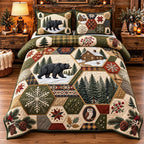 Woodland Bear quilted 3-piece bedding set on a made bed with two matching pillow shams