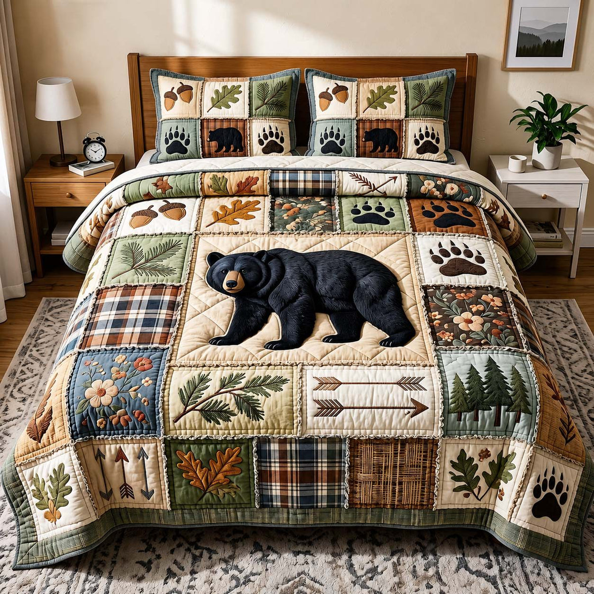 Woodland Bear Squares quilted 3-piece bedding set on a made bed with two matching pillow shams