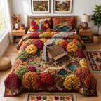 Woodland Cabin Autumn quilted 3-piece bedding set on a made bed with two matching pillow shams