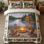 Woodland Cabin Lake quilted 3-piece bedding set on a made bed with two matching pillow shams