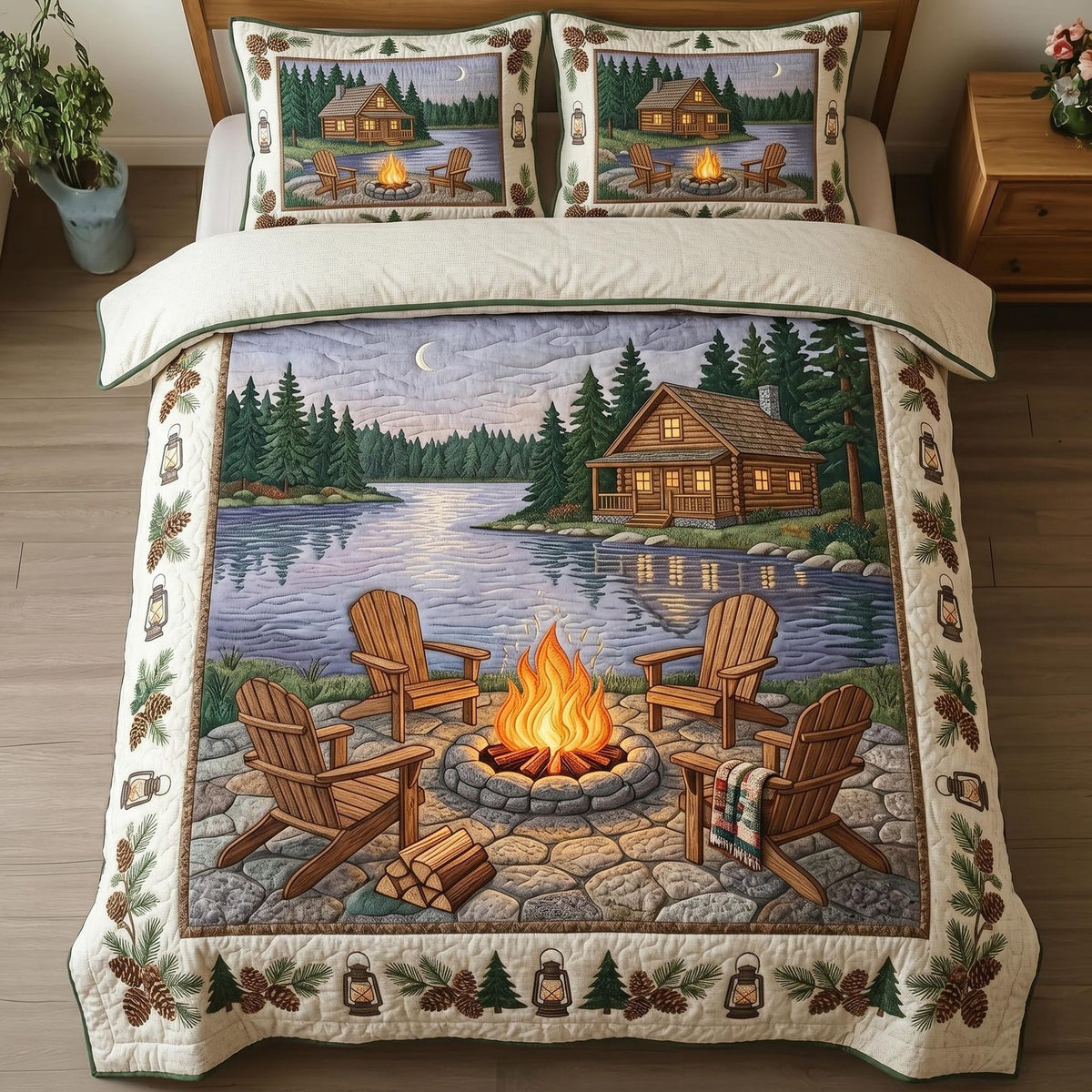 Woodland Cabin Lake quilted 3-piece bedding set on a made bed with two matching pillow shams