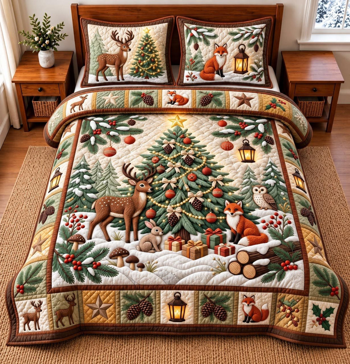 Woodland Christmas Tree quilted 3-piece bedding set on a made bed in a winter-styled bedroom
