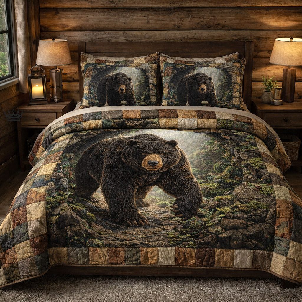 Woodland Guardian Dark quilted 3-piece bedding set on a made bed with two matching pillow shams