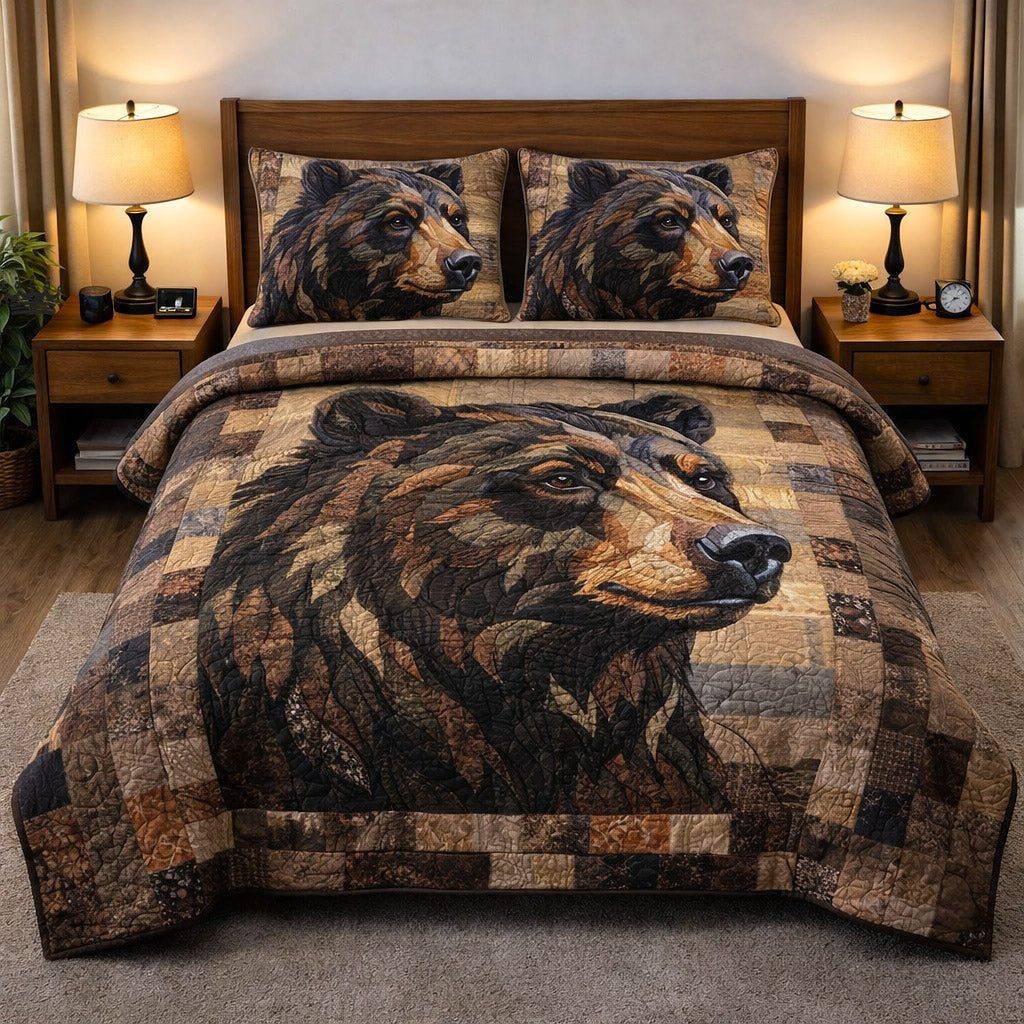 Woodland Guardian Squares quilted 3-piece bedding set on a made bed with two matching pillow shams