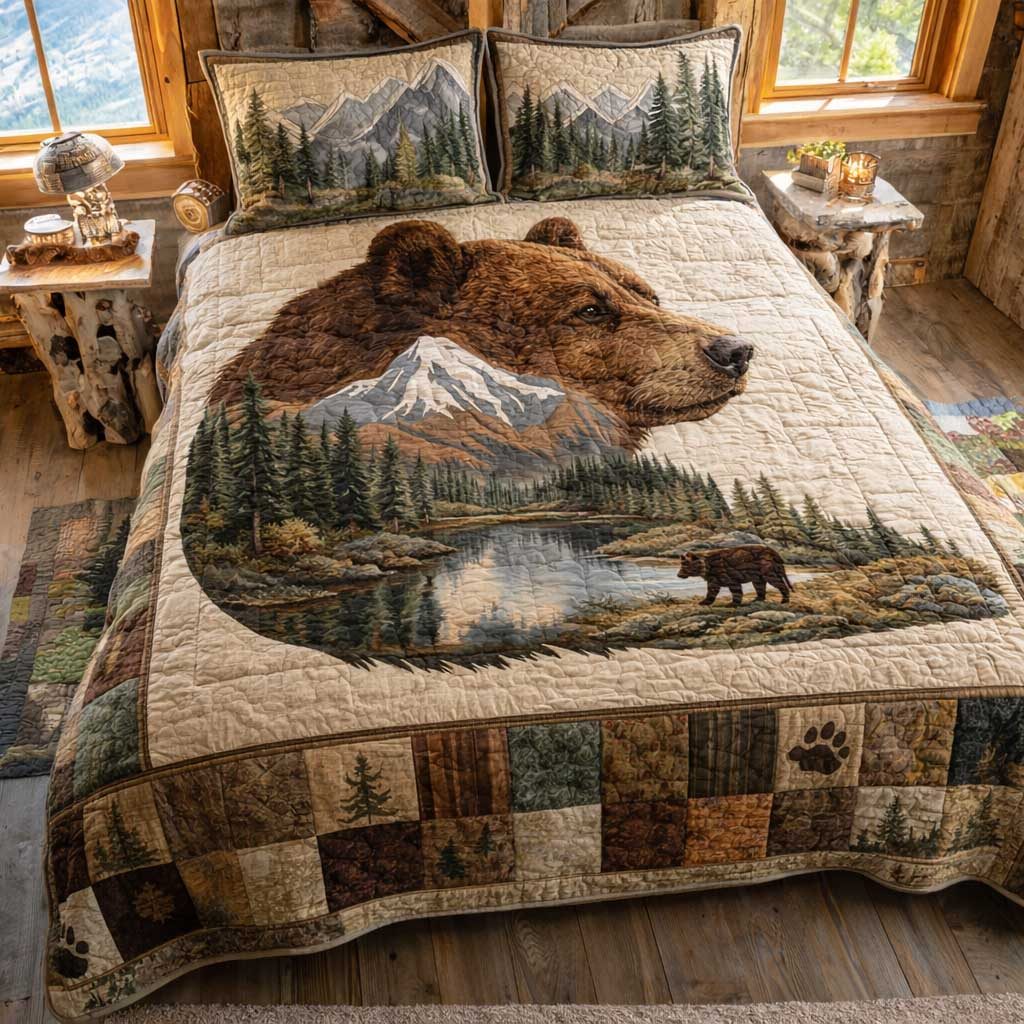 Woodland Lodge Cream quilted 3-piece bedding set on a made bed with two matching pillow shams