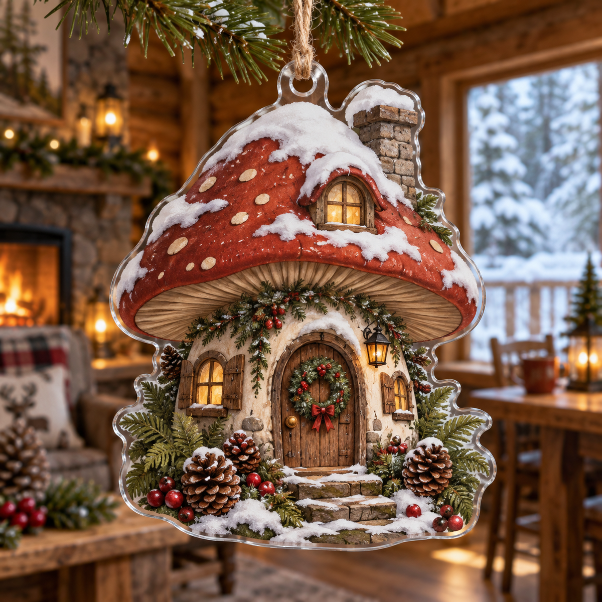 Woodland Mushroom Acrylic Christmas Ornament — digital product visualization