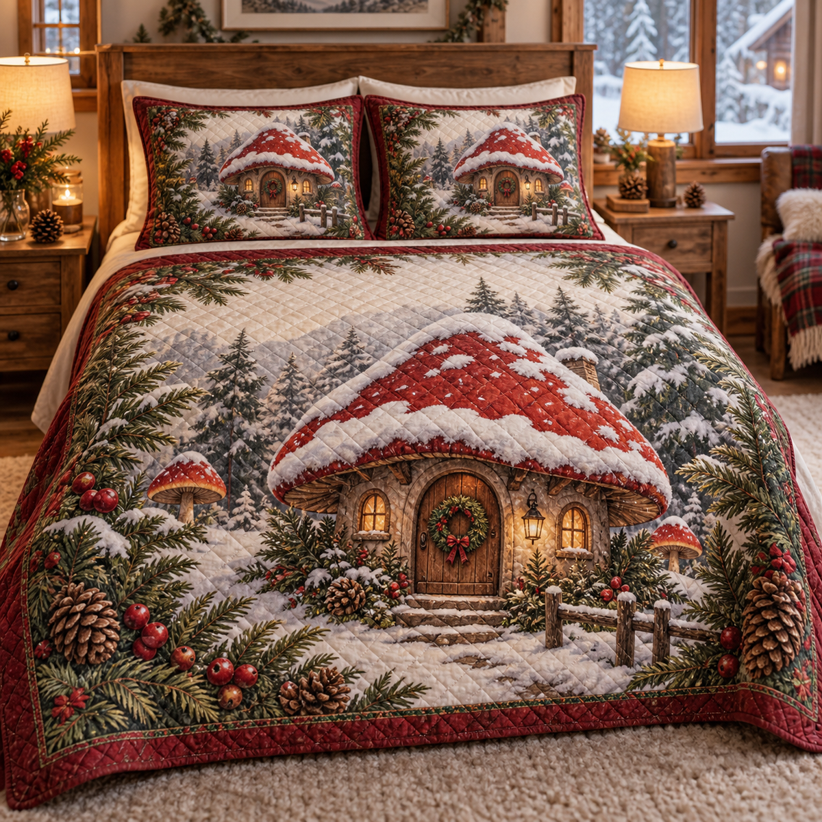 Woodland Mushroom Christmas 3-Piece Quilted Bedding Set — digital product visualization