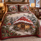 Woodland Mushroom Christmas 3-Piece Quilted Bedding Set — digital product visualization