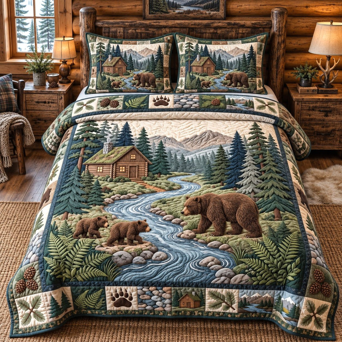 Woodland Patch Forest Charm quilted 3-piece bedding set on a made bed with two matching pillow shams