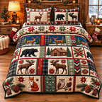 Woodland Patchwork quilted 3-piece bedding set on a made bed in a farmhouse bedroom