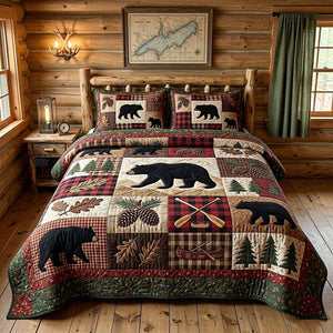 Woodland Patchwork Squares 3-Piece Quilted Bedding Set