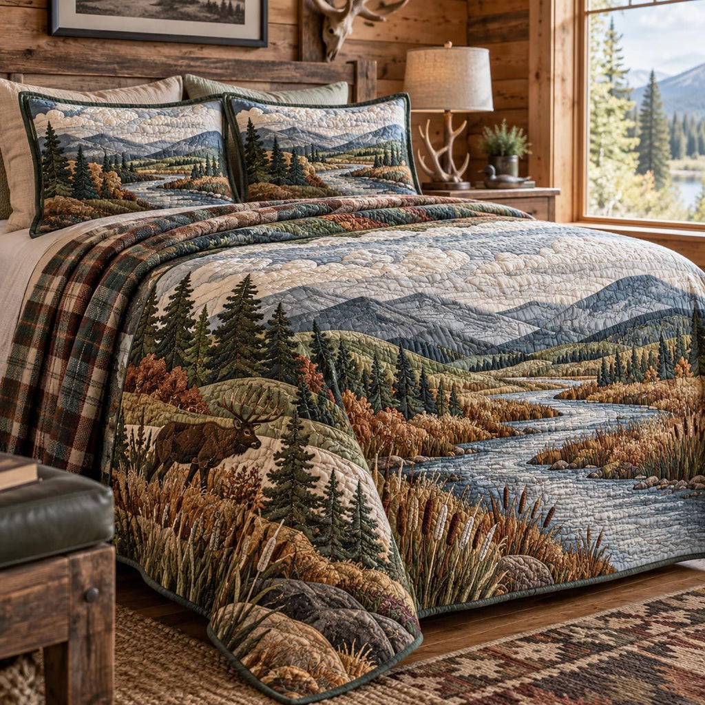 Woodland River Retreat quilted 3-piece bedding set on a made bed with two matching pillow shams