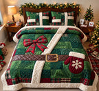 Woodland Santa Christmas quilted 3-piece bedding set on a made bed in a winter-styled bedroom